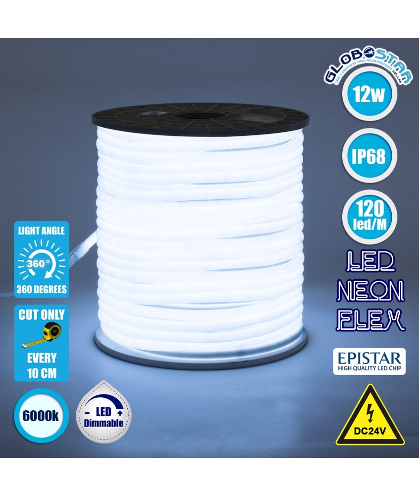 GLOBOSTAR® NEOTUBE 70580 Ταινία Neon Flex LED 12W-m 1080lm-m 360° DC 24V Αδιάβροχο IP65 120 x SMD2835 Chip-m Ψυχρό Λευκό 6000K Dimmable - Sanan SMD Chip - Μ100 x Π1.3 x Υ1.3cm - 3 Χρόνια Εγγύηση